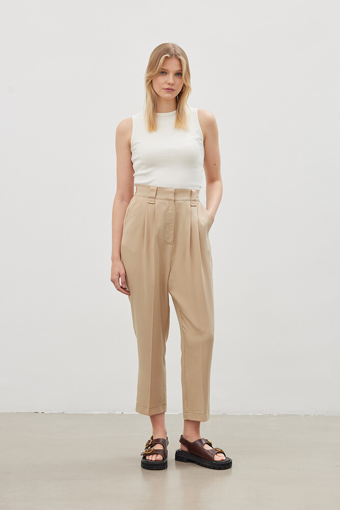 '90S BEJ TENCEL ÜTÜ İZLİ PANTOLON