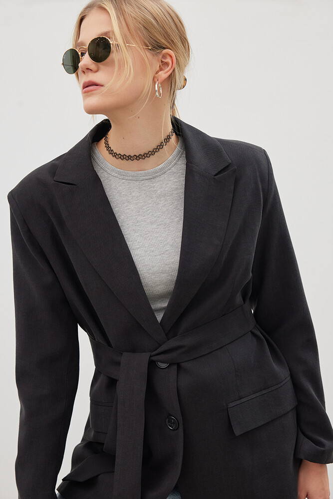 '90S SİYAH KUŞAKLI TENCEL BLAZER - Thumbnail