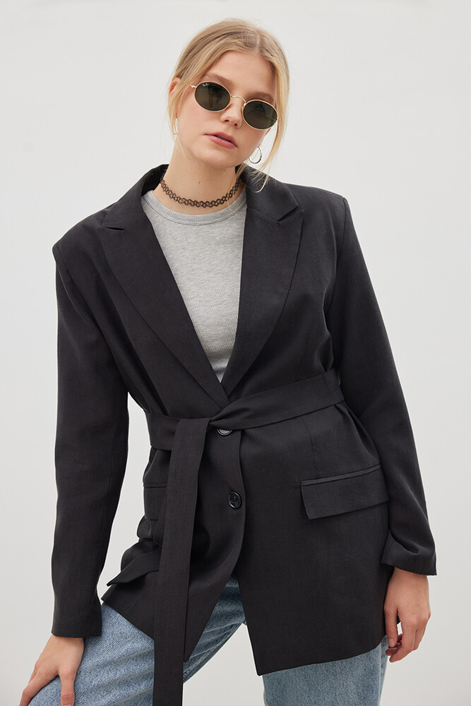 '90S SİYAH KUŞAKLI TENCEL BLAZER - Thumbnail