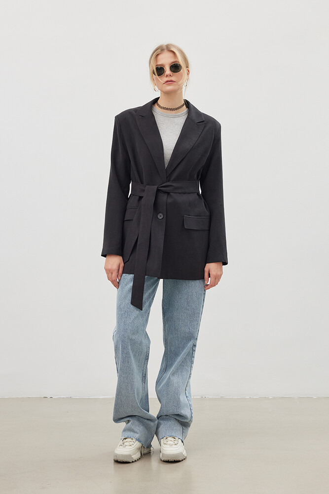 '90S SİYAH KUŞAKLI TENCEL BLAZER - Thumbnail
