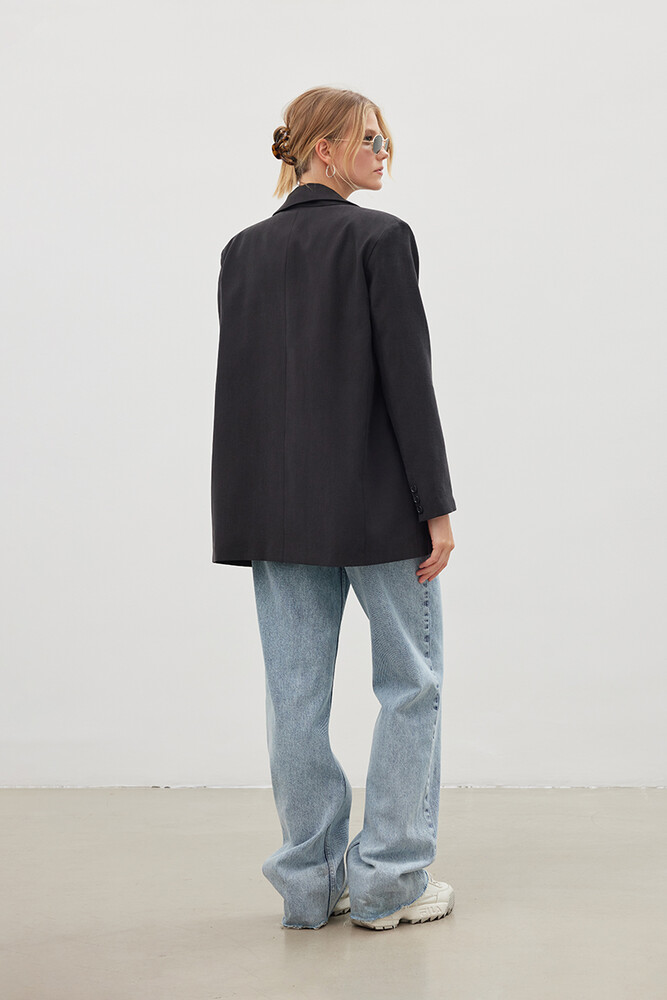 '90S SİYAH KUŞAKLI TENCEL BLAZER - Thumbnail