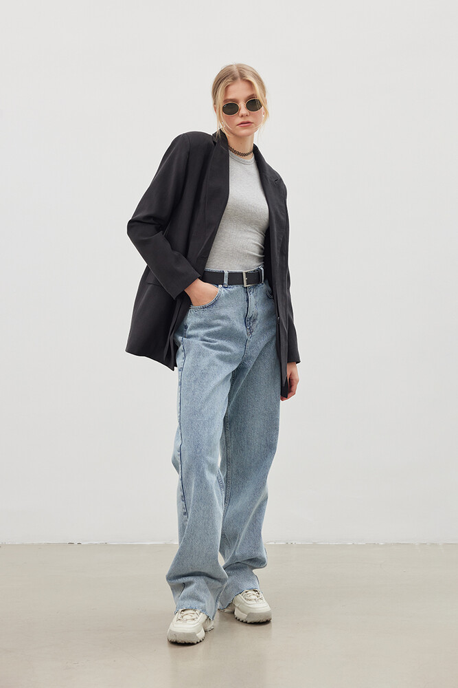 '90S SİYAH KUŞAKLI TENCEL BLAZER - Thumbnail