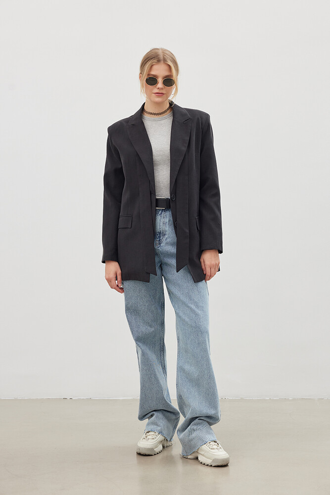 '90S SİYAH KUŞAKLI TENCEL BLAZER - Thumbnail