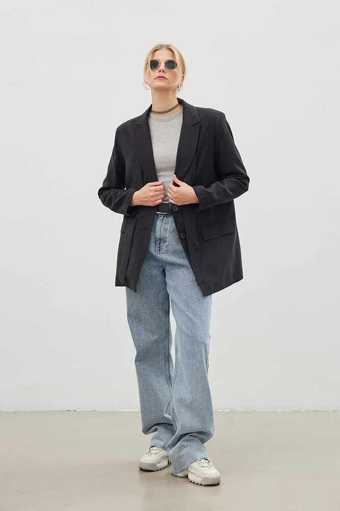 '90S SİYAH KUŞAKLI TENCEL BLAZER - Thumbnail