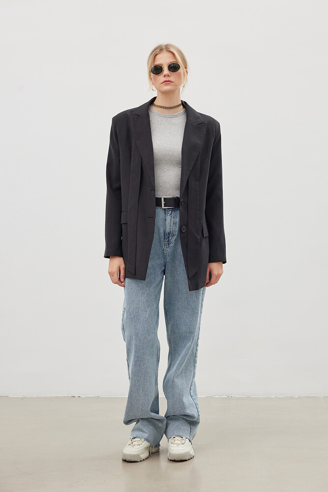 '90S SİYAH KUŞAKLI TENCEL BLAZER - Thumbnail