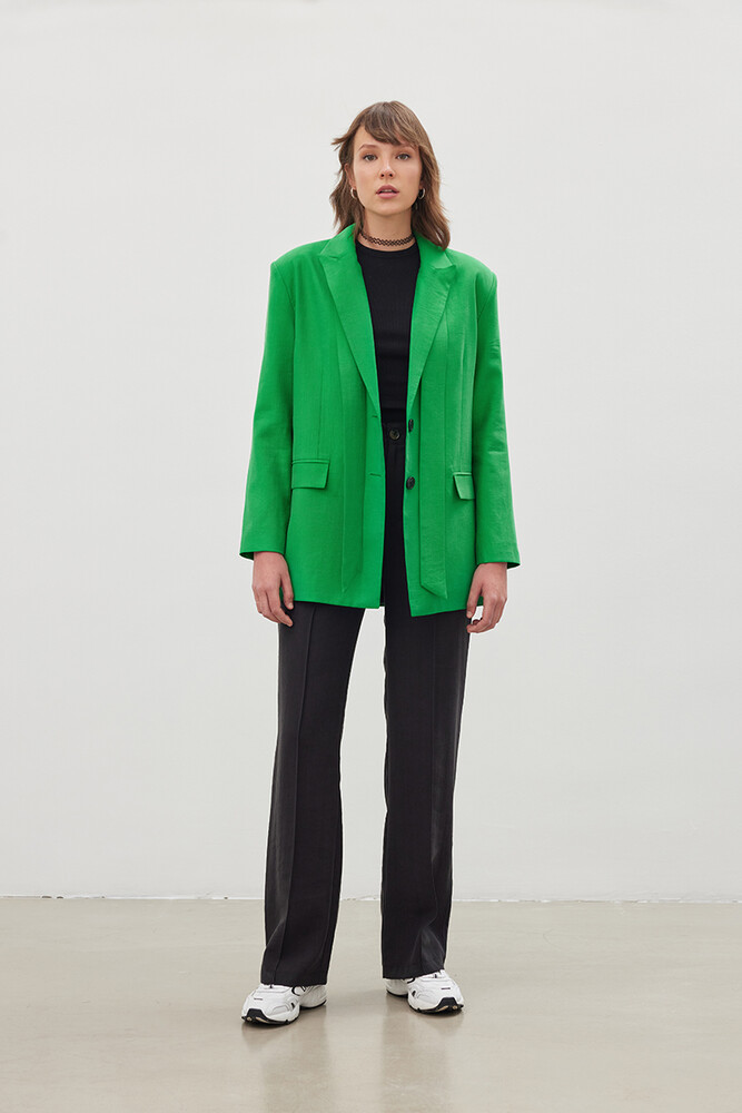 '90S YEŞİL KUŞAKLI TENCEL BLAZER - Thumbnail