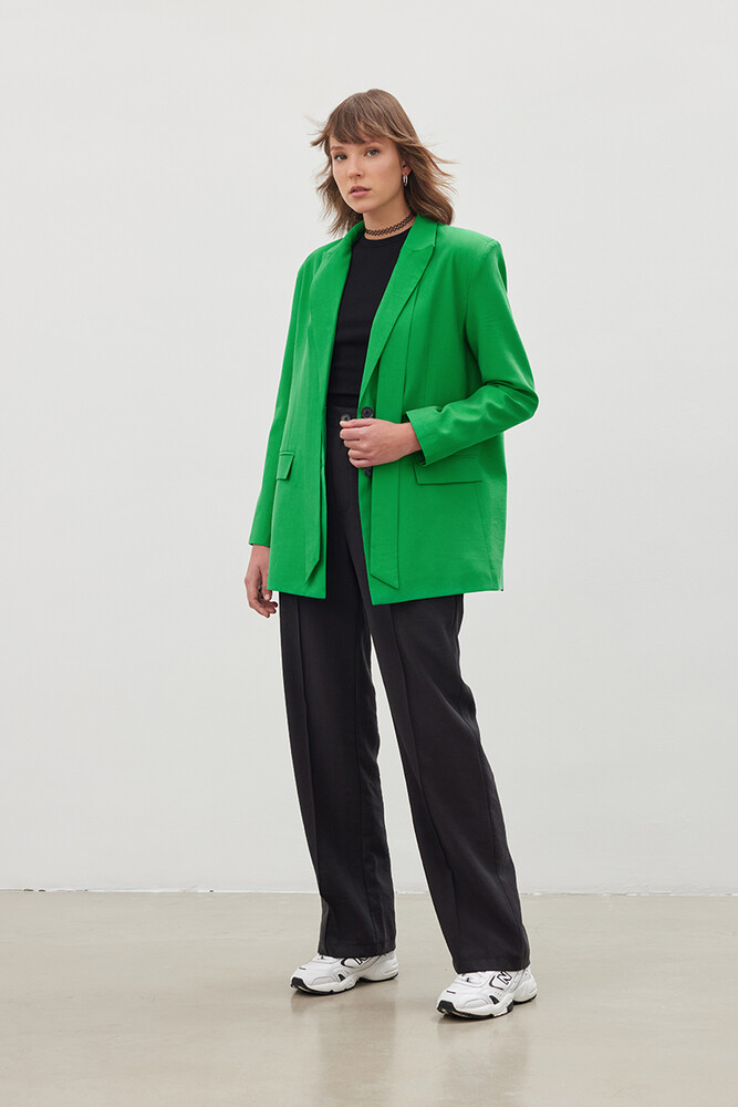 '90S YEŞİL KUŞAKLI TENCEL BLAZER - Thumbnail