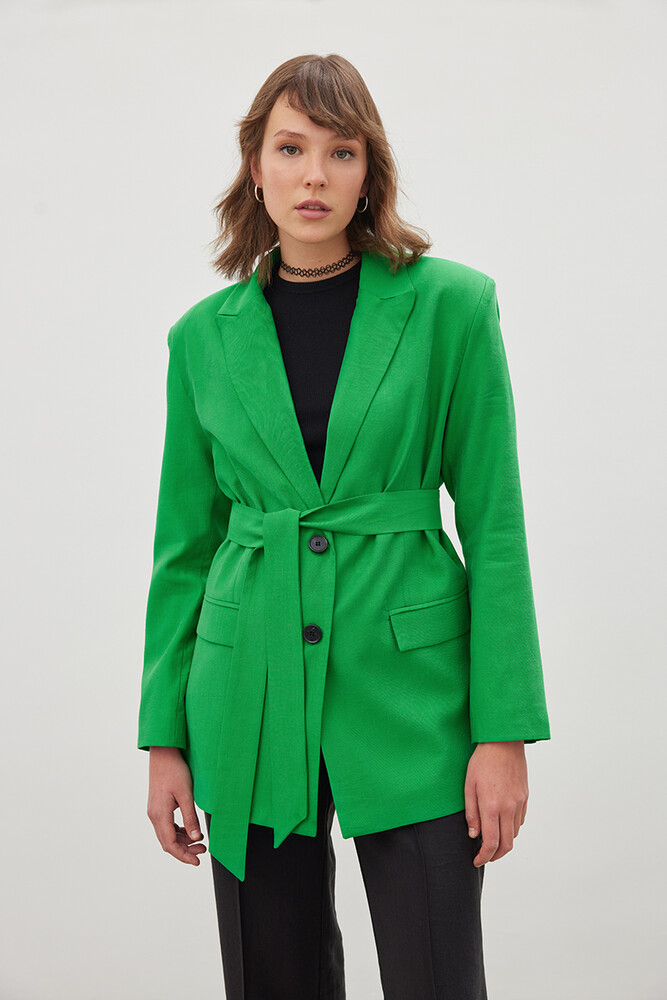 '90S YEŞİL KUŞAKLI TENCEL BLAZER - Thumbnail