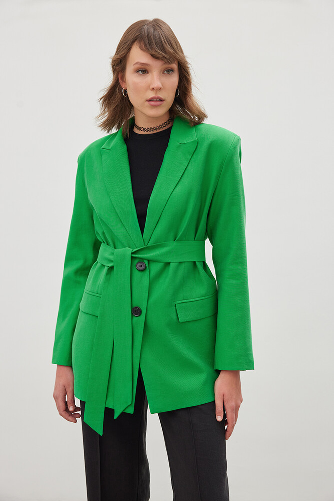 '90S YEŞİL KUŞAKLI TENCEL BLAZER - Thumbnail
