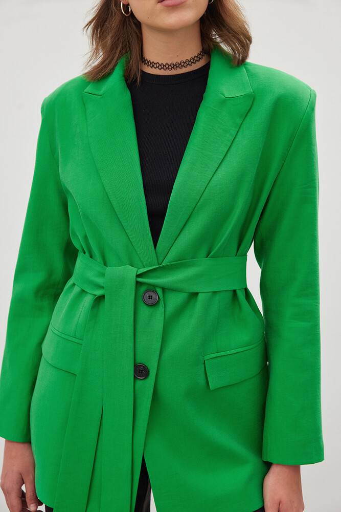 '90S YEŞİL KUŞAKLI TENCEL BLAZER - Thumbnail