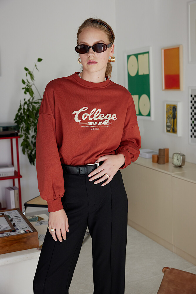 COLLEGE BASKILI GENİŞ KOLLU SWEATSHIRT - Thumbnail