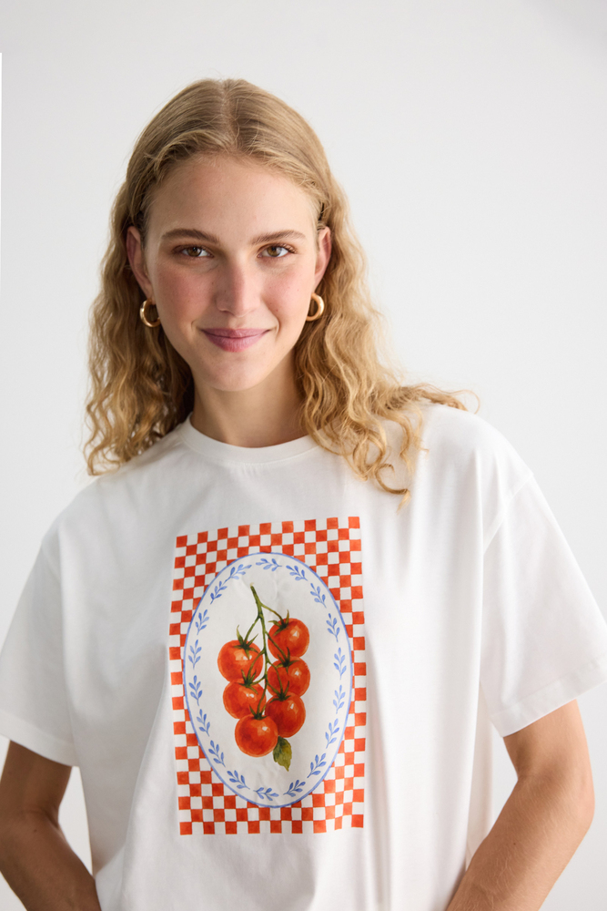 DOMATES BASKILI KISA KOLLU T-SHIRT - Thumbnail
