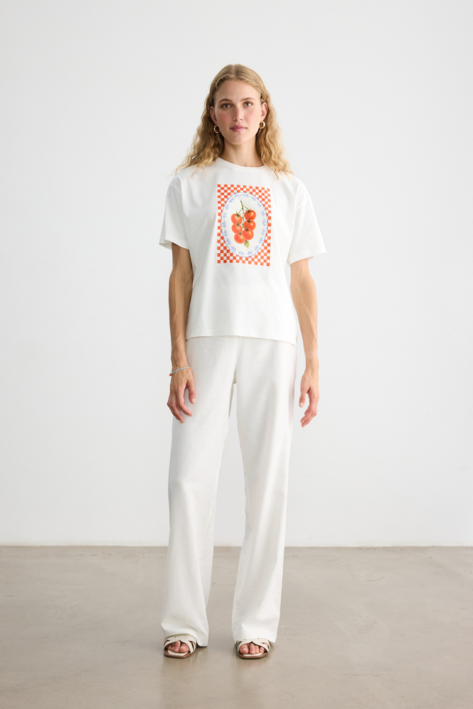 DOMATES BASKILI KISA KOLLU T-SHIRT - Thumbnail