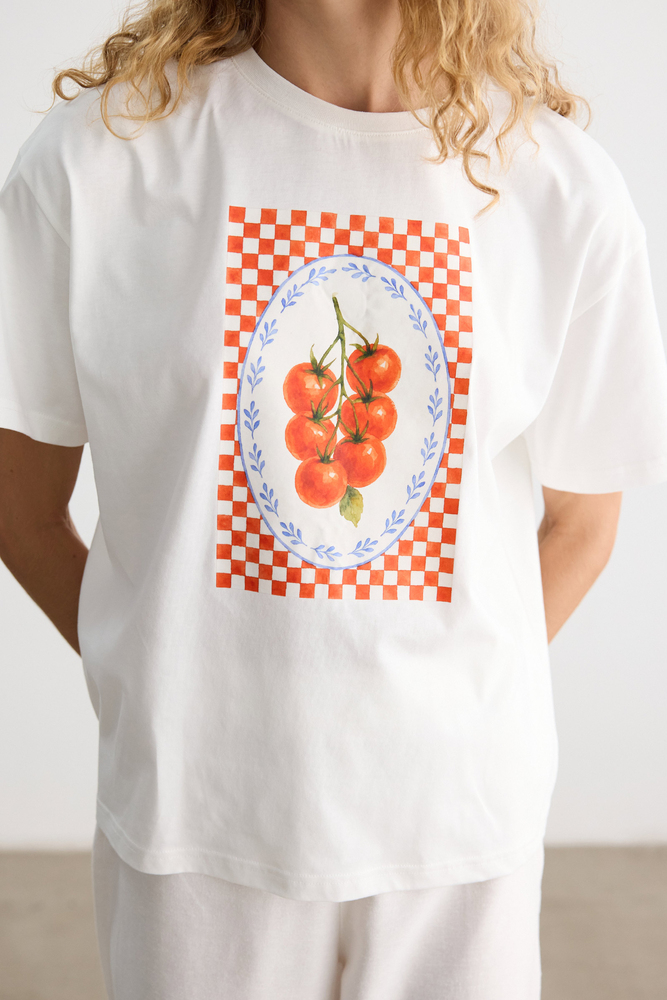 DOMATES BASKILI KISA KOLLU T-SHIRT - Thumbnail