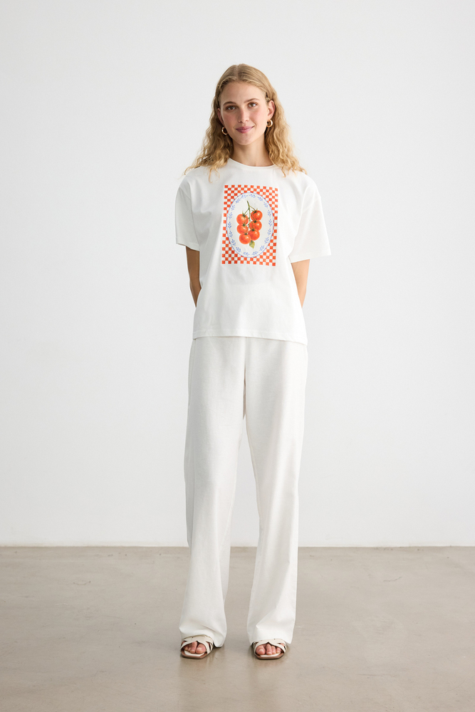 DOMATES BASKILI KISA KOLLU T-SHIRT - Thumbnail