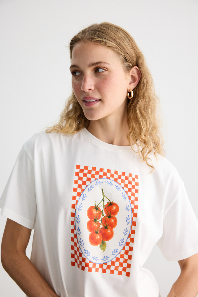 DOMATES BASKILI KISA KOLLU T-SHIRT - Thumbnail