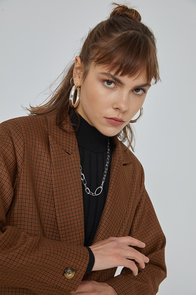 KAHVE EKOSE BLAZER CEKET - Thumbnail