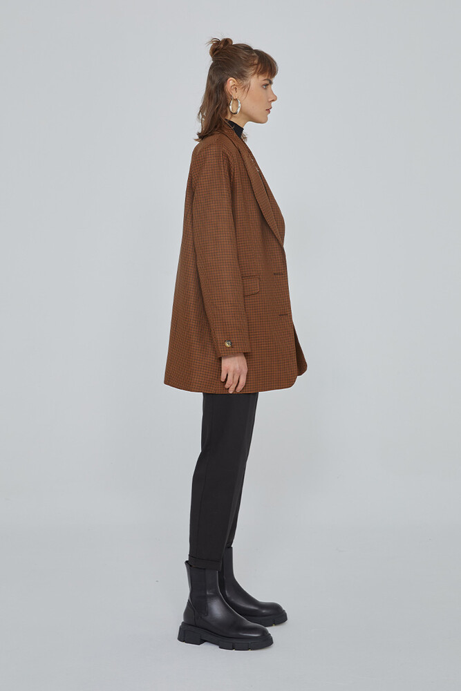KAHVE EKOSE BLAZER CEKET - Thumbnail