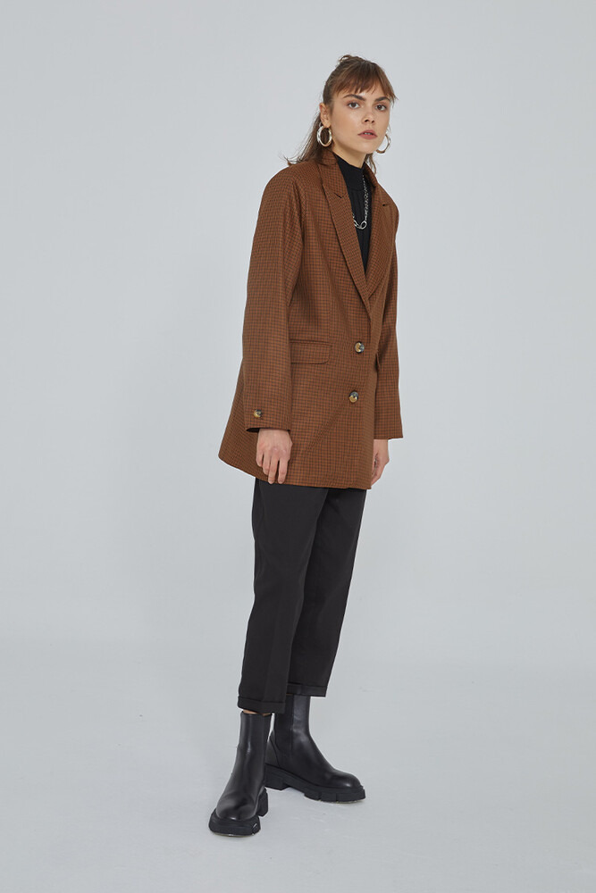KAHVE EKOSE BLAZER CEKET - Thumbnail