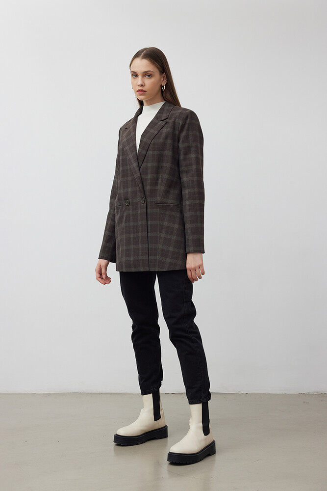 KAHVERENGİ EKOSE BLAZER CEKET