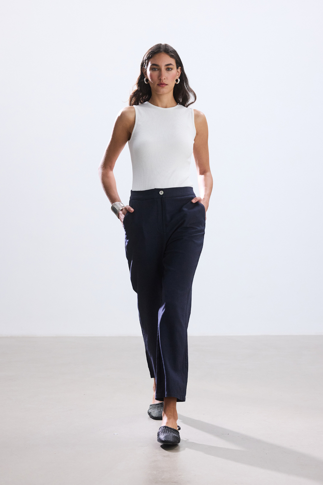 BE BLUE - LACİVERT KISA STRAIGHT PAMUK KETEN PANTOLON (1)