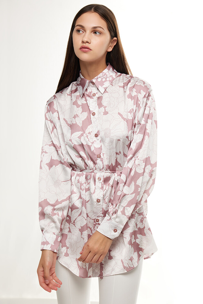 PEMBE FLORAL SATEN VINTAGE GÖMLEK - Thumbnail