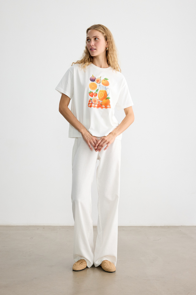 PORTAKAL BASKILI KISA KOLLU T-SHIRT - Thumbnail