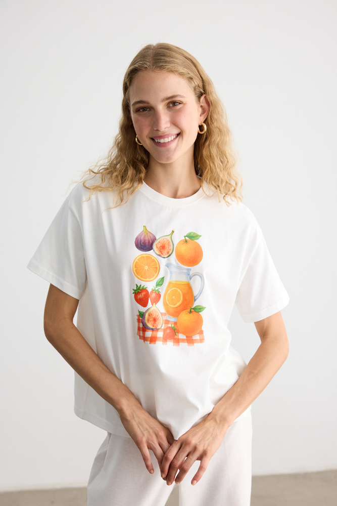 PORTAKAL BASKILI KISA KOLLU T-SHIRT - Thumbnail