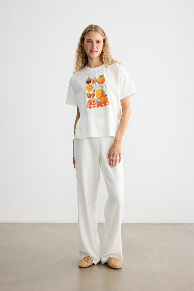 PORTAKAL BASKILI KISA KOLLU T-SHIRT - Thumbnail