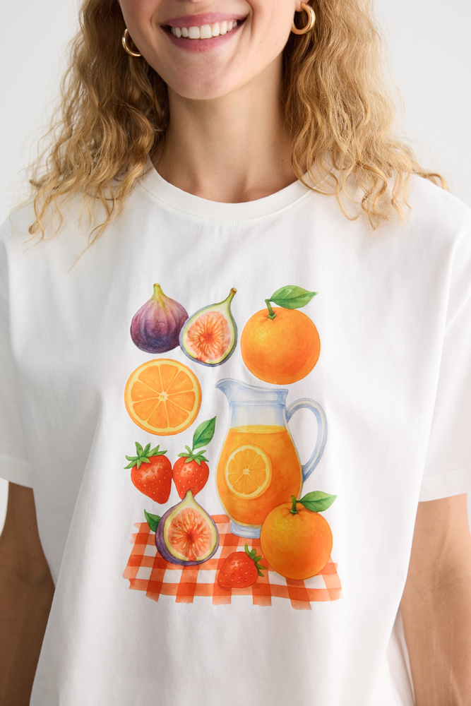 PORTAKAL BASKILI KISA KOLLU T-SHIRT - Thumbnail