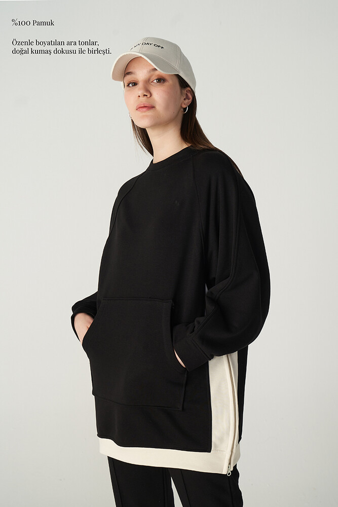 SİYAH FERMUAR DETAYLI SWEATSHIRT - Thumbnail