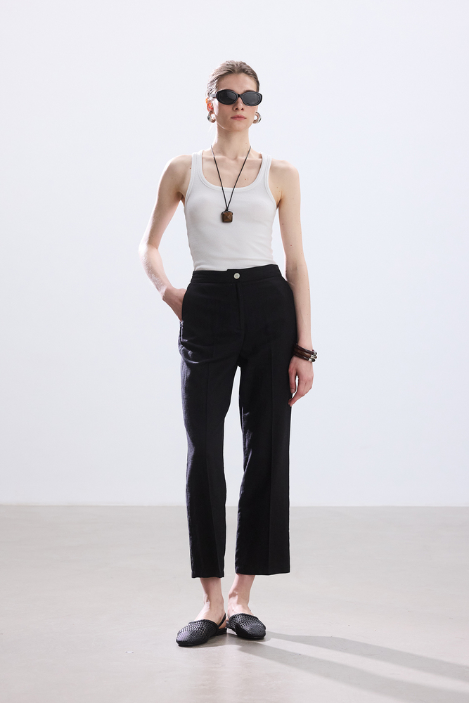 BE BLUE - SİYAH KISA STRAIGHT PAMUK KETEN PANTOLON (1)