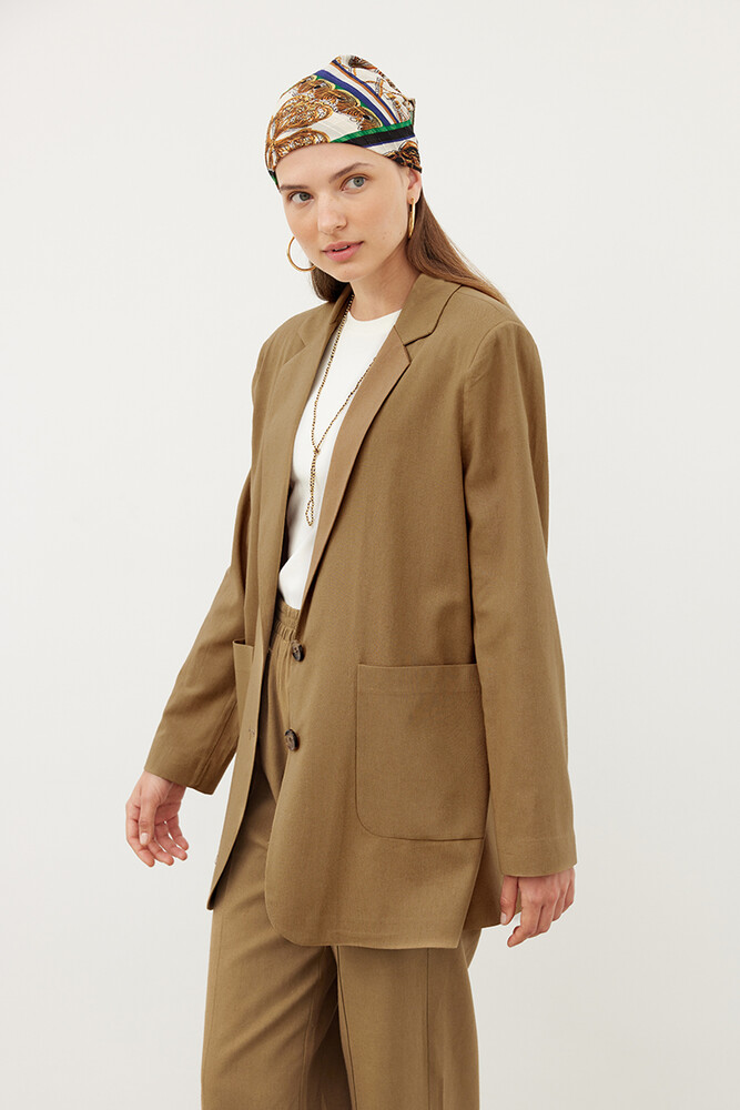 TOPRAK KETEN BLAZER CEKET - Thumbnail